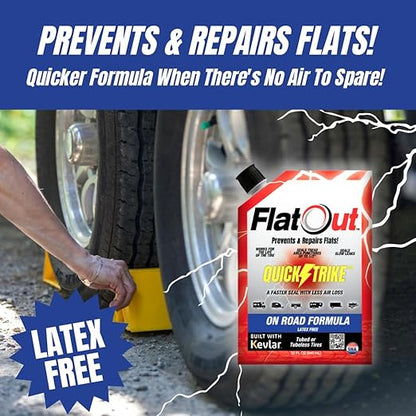 FlatOut QuickStrike Tire Sealant On-Road Formula - Prevent Flat Tires - Seal Leaks - Contains Kevlar - Tubeless Tire Sealant - Fast-Acting Formula - 32 Ounce Bag - Pack of 4