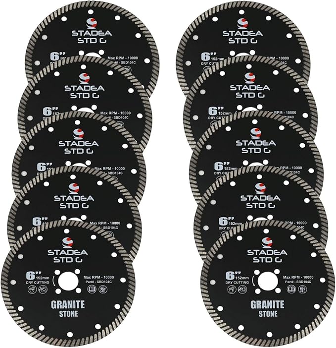 Stadea SBD124C Diamond Saw Blade 6-Inch Continuous Turbo Dry Cutting - Cuts Granite Quartz Quartzite, Fits Grinder, Saw Cutter, 8 MM Segments - Pack of 10
