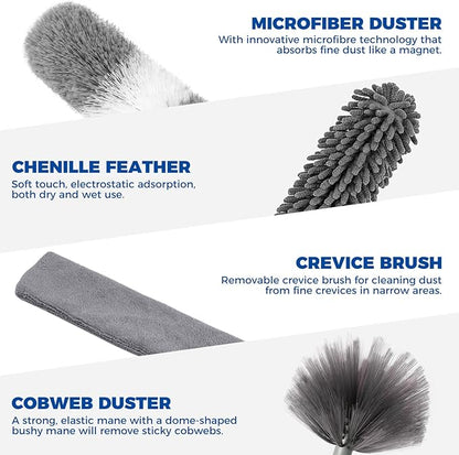 9Pcs Dusters for Cleaning Kit, Extendable Microfiber Duster Tools with 100" Long Pole, Retractable Gap Bendable Dust Cleaner, Reusable Washable Cleaning Supplie for Ceiling Fan Furniture Cars and Home