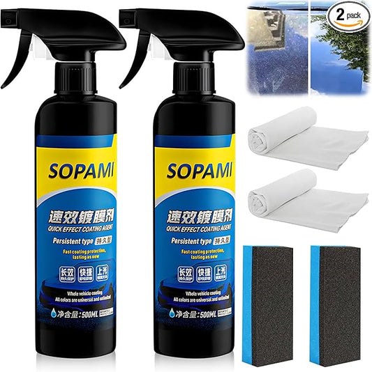 Sopami Car Coating Spray, 17.6 oz Quick Effect Coating Agent,Sopami Quickly Coat Car Wax,Sopami Car Scratch Wax Polish Spray Waterless Wash,Sopami Oil Film Emulsion Glass Cleaner(2PC+2*Sponge+2*Cloth)