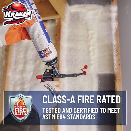 Kraken Bond Fastcoat Fire Rated Spray Foam Insulation (24x27.1 oz.) (R-Value 11.32 / 2in) Closed Cell Expanding Foam - Heat and Acoustic Insulation, Gun & Cleaner Included, 480 Board Ft, 24 Pack