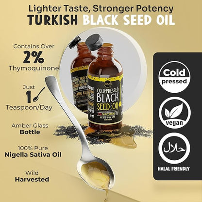 MAJU's Black Seed Oil 16oz: 3X Thymoquinone, Cold Pressed, 100% Turkish Black Cumin Nigella Sativa Seed Oil (Better Than Organic), Non-GMO, 100% Liquid Pure Blackseed, Glass Bottle