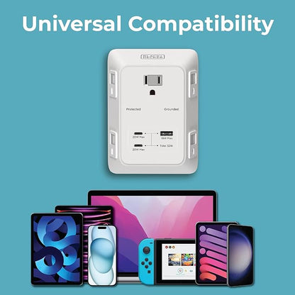 BLACK+DECKER PD USB Wall Charger Surge Protector, 2-Pack, 5 Outlet Extender 2 USB C & 1 USBA Charging Ports, Fast Charge 3 Sided Power Strip Multi Plug Outlets Wall Adapter for Home Office, ETL Listed