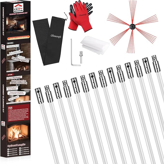 Cleancraft 46 Feet Chimney Sweep Kit, Chimney Cleaning Kit with 14 Flexible White Chimney Rods, Chimney Brush for Sweeping Fireplace, Rotary Chimney Cleaning System Driven by Drill