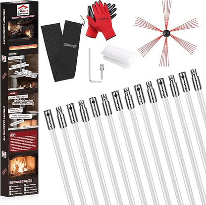 Cleancraft 46 Feet Chimney Sweep Kit, Chimney Cleaning Kit with 14 Flexible White Chimney Rods, Chimney Brush for Sweeping Fireplace, Rotary Chimney Cleaning System Driven by Drill