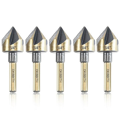 Countersink Drill Bit Set, 5 Pieces High Speed Steel 82 Degree 5 Flute 6mm Round Shank Mill Cutter Bit Countersink in Sizes 3/4" Set with Carrying Case.