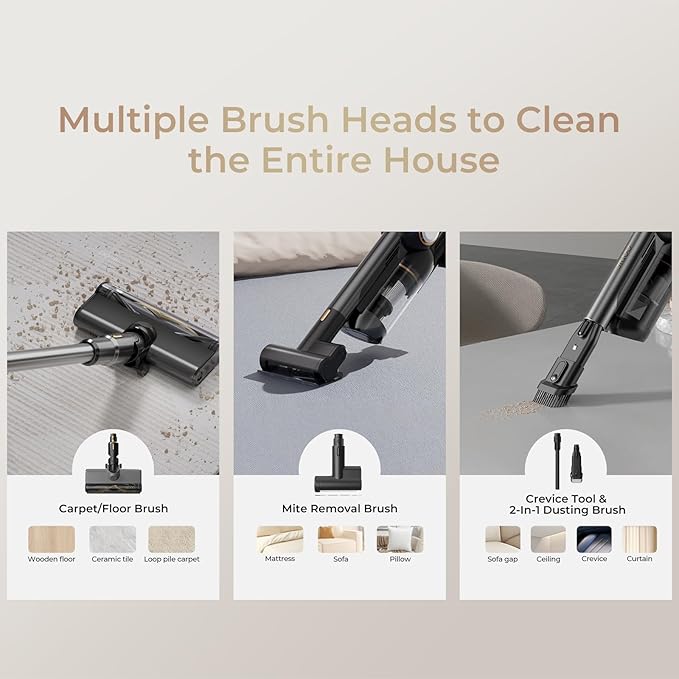 JIGOO Cordless Vacuum Cleaner 33Kpa 480W Ultra Strong Suction Stick Vacuum Cordless Rechargeable 55 Minutes Runtime with LED Headlight Portable Vacuum Cleaner for Floors, Pet Hair (V700)