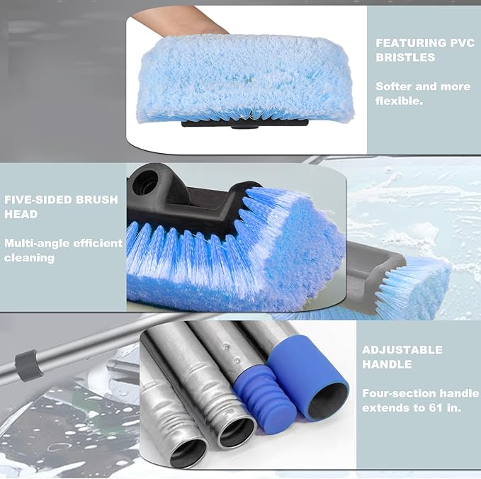 Car Wash Brush with Long Handle – Five-Sided Soft Bristle Brush for Car, Truck, SUV, RV, Boat & House Siding Cleaning(Blue)