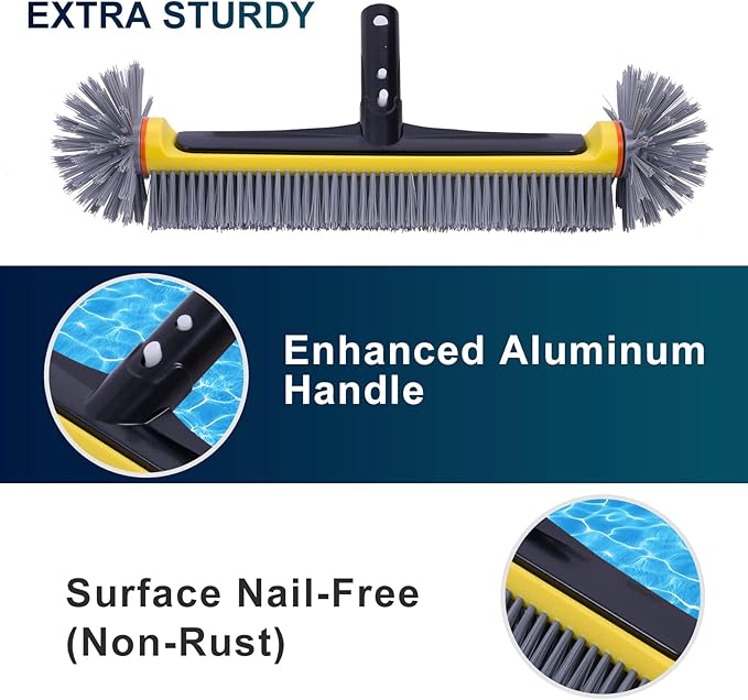 POOLAZA Pool Brush Head with Round Ends, Heavy Duty Pool Brushes for Cleaning Pool Walls, Floors Steps & Corners, 17.5" Pool Brush with Sturdy Aluminum Handle & Durable Nylon Bristles (Yellow)