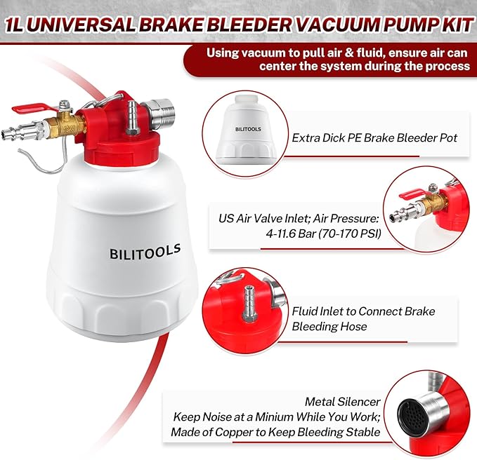BILITOOLS 1L Brake Bleeder Vacuum Pump Kit, Universal One Person Pneumatic Brake System Clutch Fluid Bleeding Extractor Tool with Adapters