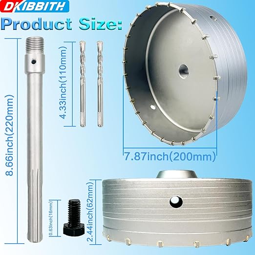 7-7/8" Concrete Hole Saw, 200mm Tungsten Steel Core Bit for Cinder Block, Brick, Rock, Plank Walls for Pipes or mini Split Lines, with SDS Max Shank and 2 Center Positioning Drill Bits.