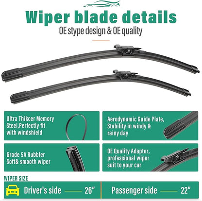 26" 22" 11" Windshield Wiper Blades Replacement for Ford Explorer 2011 2012 2013 2014 2015 2016 2017 2018 2019 2020 2021 2022 2023 2024 OEM Premium All Weather Front Rear Wipers Set (Pack of 3)