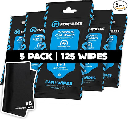 Fortress Car Wipes with Microfiber Cloth (25 ct, Pack of 5) for Interior Cleaning, Dashboard, Seats, Detailing, Steering Wheel [Travel Size] Skin-Safe Cleaner Supplies
