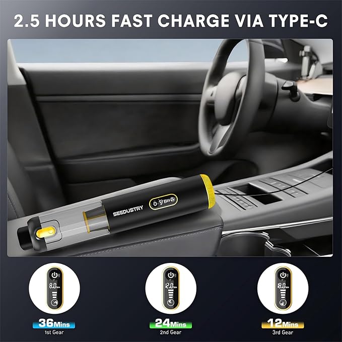 SEEDUSTRY Handheld Car Vacuum Portable Cordless, 6-in-1 Mini Cordless Vacuum Cleaner with Brushless Motor & 18000Pa Powerful Suction, Type-C Charge, 2025 Mini Vacuum V-C08 Pro for Car Home Office Pet