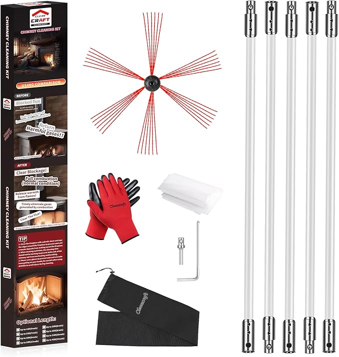 Cleancraft 16 Feet Chimney Sweep Kit, Chimney Cleaning Kit with 5 Flexible Chimney Rods, Rotary Chimney Cleaning System Driven by Drill for Sweeping Fireplace, Chimney Cleaners with Strong Brush