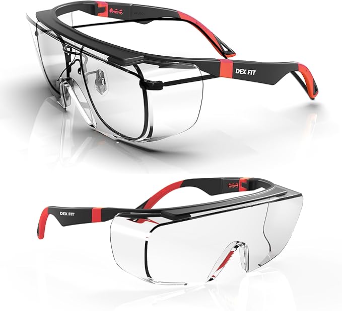 DEX FIT Safety Over Glasses SG210 OTG; Fit Over Your Eyewear, Z87 Eye Protection, Fog & Scratch Resistant, Adjustable for Women & Men, UV Protective (Black & Red Frame, Clear Lens)