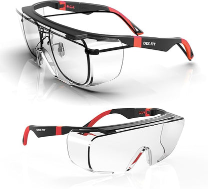 DEX FIT Safety Over Glasses SG210 OTG; Fit Over Your Eyewear, Z87 Eye Protection, Fog & Scratch Resistant, Adjustable for Women & Men, UV Protective (Black & Red Frame, Clear Lens)