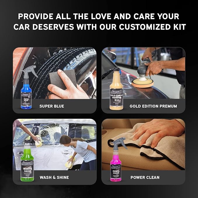 LANE'S Premium Detail Kit - 32oz- Contains Super Blue Tire Dressing - Gold Edition Premium Wax - Wash & Shine Soap- Power Clean Vinyl Cleaner