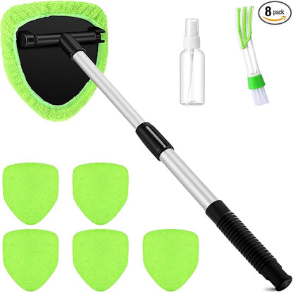 8 Pcs Car Windshield Cleaner Tool Kit with Extendable Handle, Microfiber Towel Pads, Brush, Empty Spray Bottle for Auto Glass Wiper Suvs Rvs & Home Windows (Green)