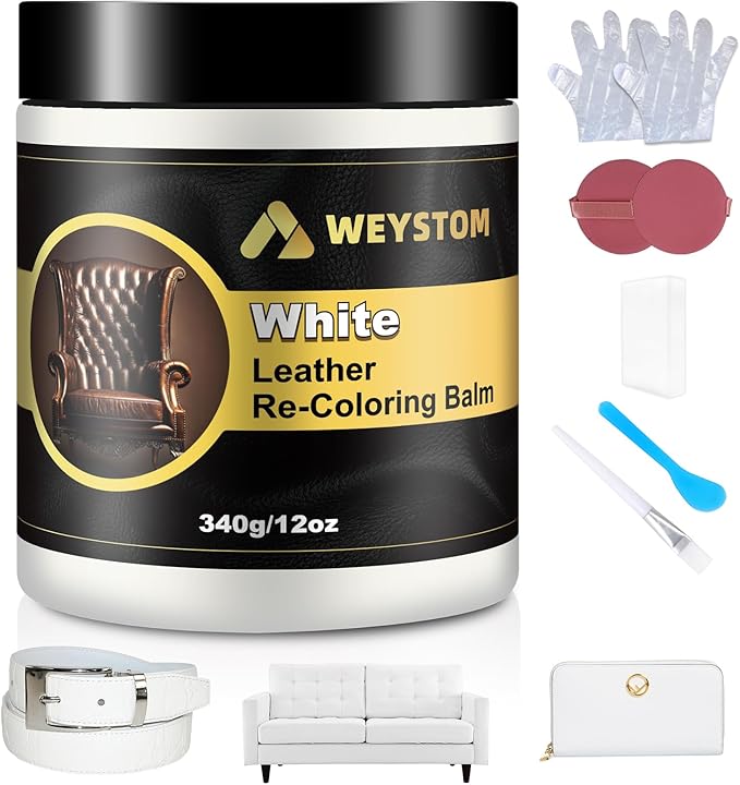 WEYSTOM Leather Recoloring Balm, 12oz Large Size Leather Dye, Color Restorer, Scratch Repair, Furniture & Couch Restorer Kit, Repair Kit for Furniture(White)