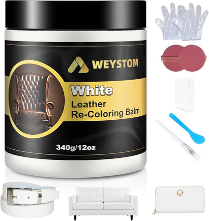 WEYSTOM Leather Recoloring Balm, 12oz Large Size Leather Dye, Color Restorer, Scratch Repair, Furniture & Couch Restorer Kit, Repair Kit for Furniture(White)