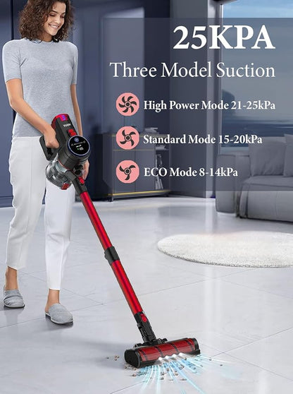 VYKLO V8 Cordless Vacuum Cleaner, Powerful Suction Stick Vacuum, 55Mins Runtime, Wireless Lightweight Handheld Vacuum Cleaner for Home, Hardwood Floor, Carpet, Car, Pet Hair Cleaning (Red)