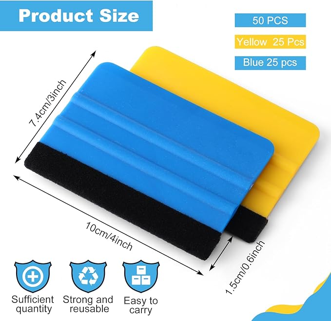 Lasnten 50 Pcs Plastic Vinyl Squeegee 4 Inch Felt Edge Squeegee for Car Window Windshield Glass Cleaning Tool Vinyl Scraper Decal Applicator Tool with Black Fabric Felt Edge, Blue Yellow