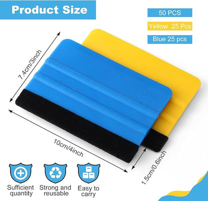Lasnten 50 Pcs Plastic Vinyl Squeegee 4 Inch Felt Edge Squeegee for Car Window Windshield Glass Cleaning Tool Vinyl Scraper Decal Applicator Tool with Black Fabric Felt Edge, Blue Yellow