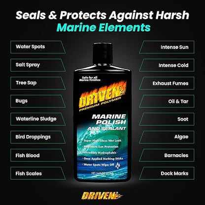 DRIVEN Marine Polish & Sealant for Super High Gloss Wet Look, Protection from Water Spots & Contaminants - Polymer Polish Against Intense Heat from Sun, Exhaust Stain & More - for Boats, RVs, More