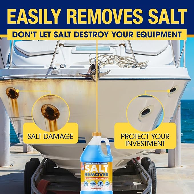[1 Gallon] Concentrated Salt Remover + Corrosion Protection - Made in USA, Salt Cleaner Ideal for Boats, Cars, Marine Engine & Outboard Motor Flush, Washes Salt Away from Boat, Vehicles, & Trailers
