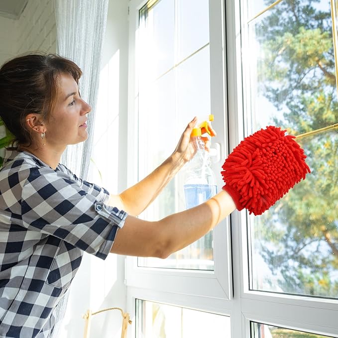 HARFINGTON 2pcs Chenille Microfiber Car Wash Mitts 9.8" x 7.9" Scratch Free Wash Gloves Absorbent Double Sided Plush Cleaning Drying Mitts for Car Washing Home Light Green
