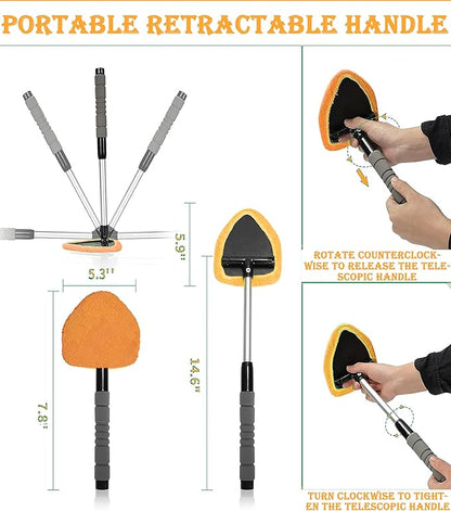 Windshield Cleaning Tool with Reusable Microfiber Pads Glass Wiper Kit, Extendable Handle Car Window Cleaner (1, Orange)