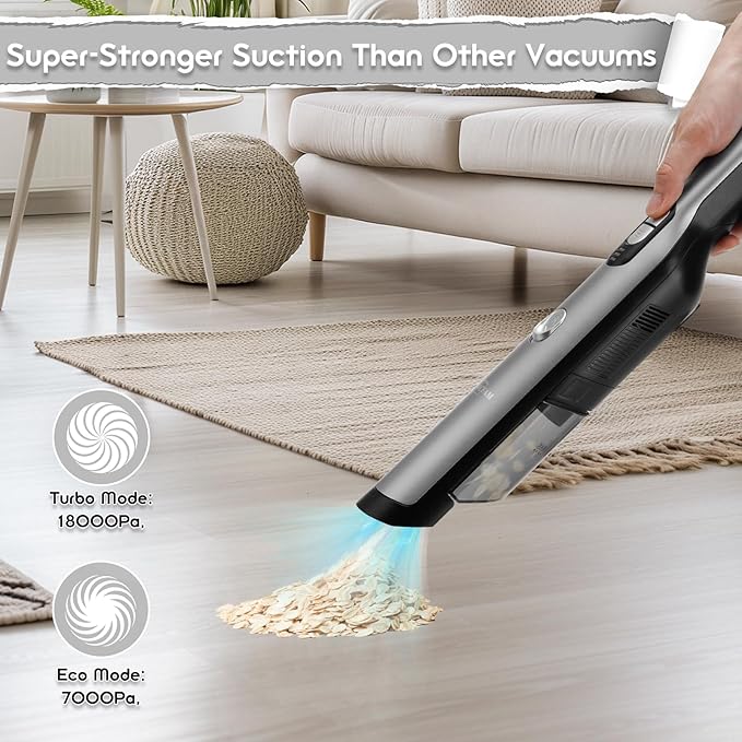 Handheld Vacuum Cordless Car Vacuum Cleaner with 18KPa Powerful Suction, Portable Chargeable Handy Vac with LED Front Light & Storage Dock, Dust Buster for Office Home, Pet Brush for Pet Hair, Gray