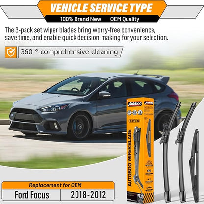 AUTOBOO 28"+28" Windshield Wipers with 12 Inch Rear Wiper Blade Replacement for Ford Focus 2012 2013 2014 2015 2016 2017 2018 -Original Factory Quality (Pack of 3)