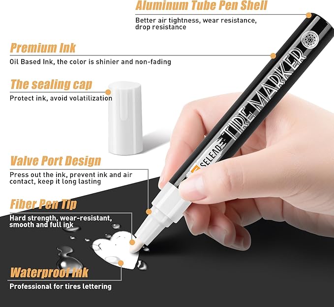 SELEAD Tire Marker White - 8 Pack Paint Pens for Car Tires Lettering, Premium Professional Oil-based Ink, Waterproof Non-Fading Permanent Markers