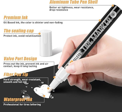SELEAD Tire Marker White - 8 Pack Paint Pens for Car Tires Lettering, Premium Professional Oil-based Ink, Waterproof Non-Fading Permanent Markers
