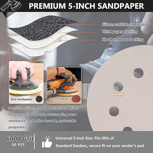 50PCS 5 Inch Hook and Loop Sanding Discs 6000 Grit, 8 Hole Wet Dry Orbital Sander Sand Paper, Silicon Carbide Sandpaper for Automotive Wood Metal Glass