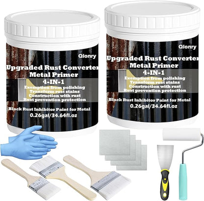 Qlonry 4-in-1 Upgraded Rust Converter & Metal Primer,0.52Gal/69.28Fl.oz Black Rust Inhibitor Paint for Metal, Heat Resistance & UV Resistant Automotive Water Based Rust Reformer Rust Paint