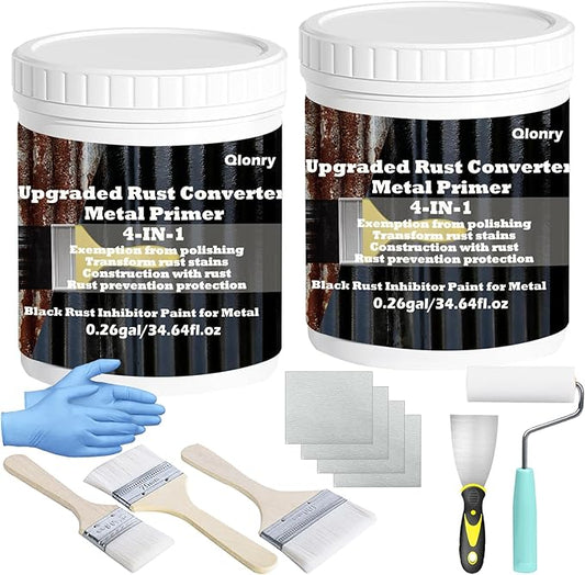 Qlonry 4-in-1 Upgraded Rust Converter & Metal Primer,0.52Gal/69.28Fl.oz Black Rust Inhibitor Paint for Metal, Heat Resistance & UV Resistant Automotive Water Based Rust Reformer Rust Paint