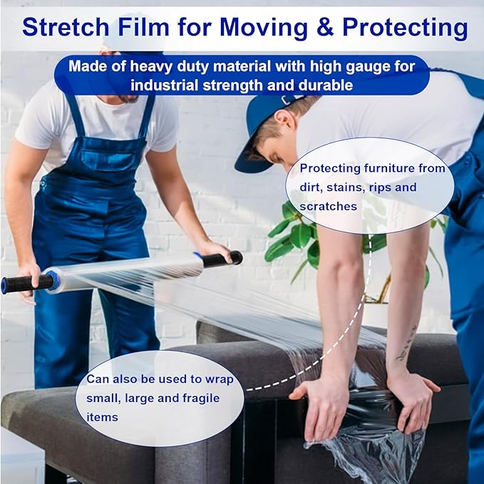 Stretch Film, RAZCC Stretch Wrap Industrial Strength, Shrink Wrap for Pallet Wrap, Heavy Duty Clear Plastic Wrap with Handles, Moving Wrapping Plastic Roll, 15" x 1000 Ft Per Roll, 60 Gauge, 3 Pack