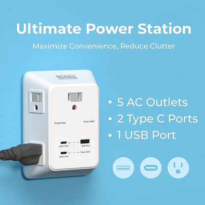 BLACK+DECKER PD USB Wall Charger Surge Protector, 2-Pack, 5 Outlet Extender 2 USB C & 1 USBA Charging Ports, Fast Charge 3 Sided Power Strip Multi Plug Outlets Wall Adapter for Home Office, ETL Listed