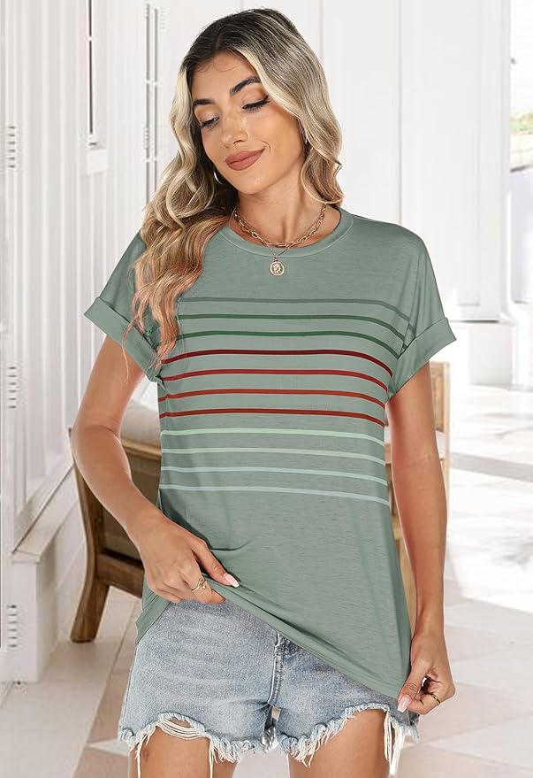 Womens Summer Tops Short Dolman Sleeve Crew Neck Striped Shirts Spring 2026 Fashion Beach Vacation Clothing