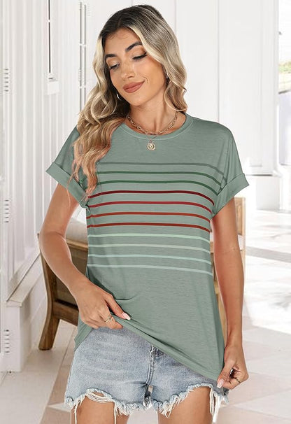 Womens Summer Tops Short Dolman Sleeve Crew Neck Striped Shirts Spring 2026 Fashion Beach Vacation Clothing