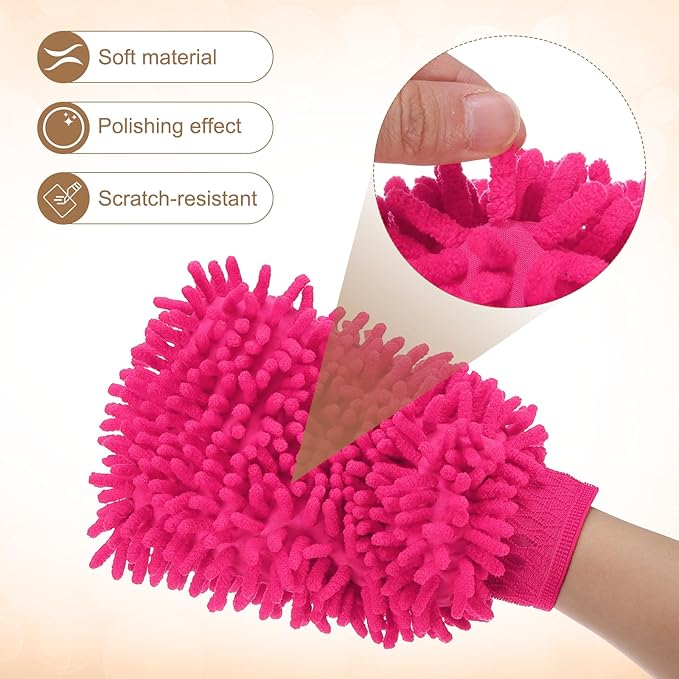 HARFINGTON 2pcs Chenille Microfiber Car Wash Mitts 9.8" x 7.9" Scratch Free Wash Gloves Absorbent Double Sided Plush Cleaning Drying Mitts for Car Washing Home Rose Red