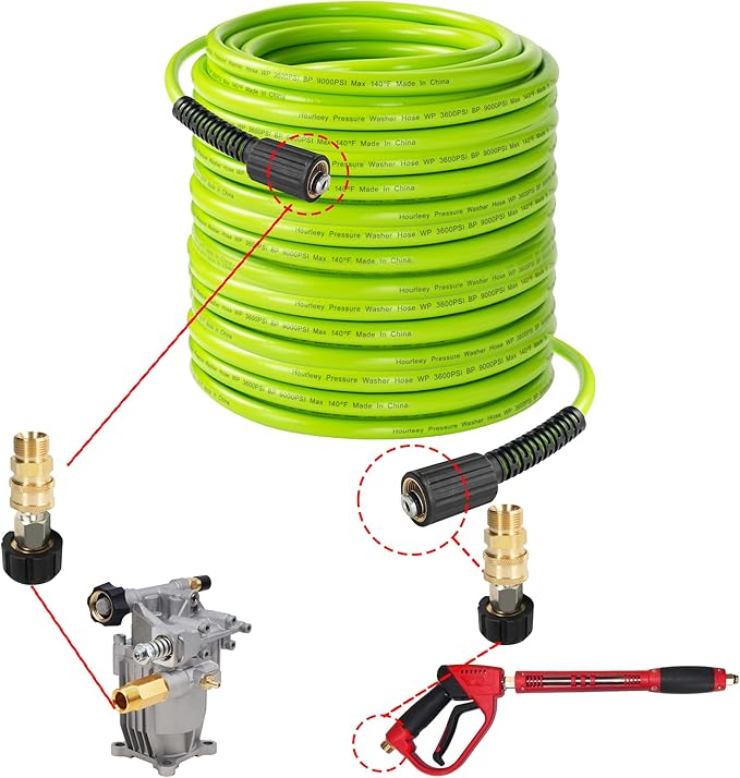 Hourleey Pressure Washer Hose 50 FT, 3600 PSI Flexible Kink Resistant Power Washer Hose Replacement, 1/4" Quick Connect Pressure Hose Extension, Green