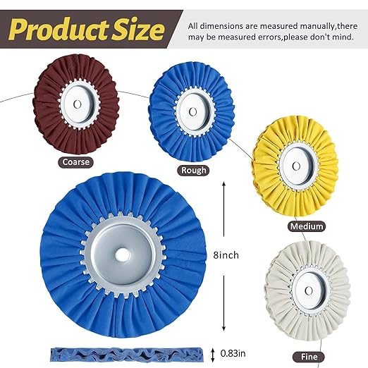 Amylove 8 Inch Airway Buffing Wheels Aluminum Wheel Polishing Kit in Diameter 5/8 Inch Arbor Hole, Polishing Compound and Metal Polish Kit for Angle Grinder(Mixed Color,8 Pcs)