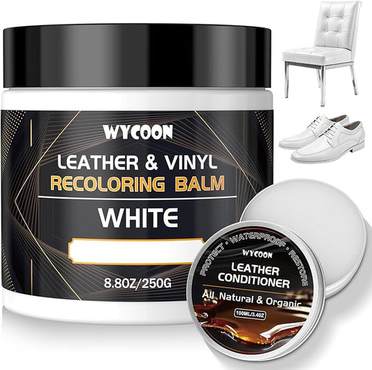 WYCOON Leather Recoloring Balm with 100ml Mink Oil Conditioner | White Repair Kit, Dye & Color Restorer for Furniture, Sofa, Car Seats, Bags | Restore Faded & Scratched Surfaces