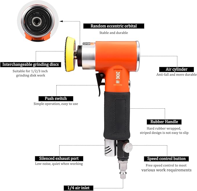 ZHONG AN 2 3-inch Mini Orbital Sander da sander Air Polisher Super Smooth and Eddeless for Auto Body Work,orange