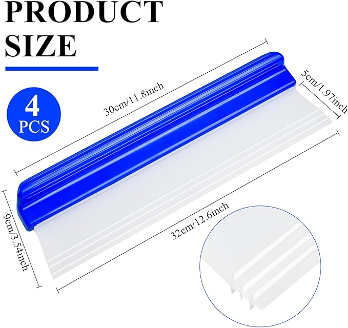 Supkiir 4 Pack 12” Silicone Car Drying Squeegee, 3-Layer T-Bar Water Blade Professional Automotive Water Wiper, Car Windshield Squeegee Flexible Water Blade Squeegee for Car Window Glass Bathroom