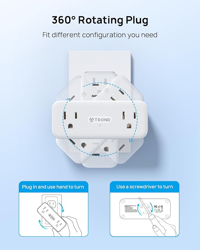 TROND Electrical Outlet Extender, 6 AC Outlet Splitter with 360° Rotating Plug, Multi Plug Adapter with PD 20W USB C, 2 USB-A & 2 USB-C, 3 Way Wall Extension Adapter for Home Office Travel Dorm